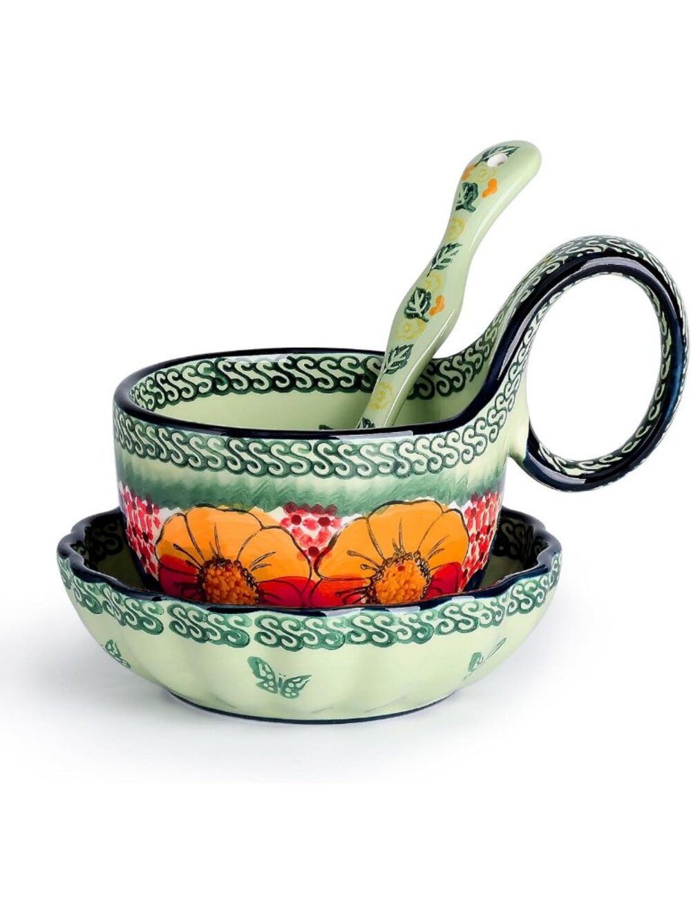 Handmade Ceramic Soup Bowl Set with Loop Handle, Spoon & Plate - Microwave Safe